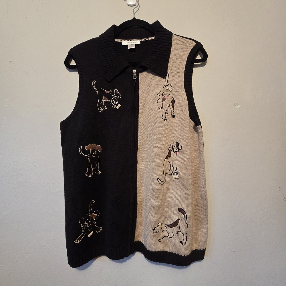 Vintage 90s Y2K Christopher Banks Dog Puppy‎ Sweater Vest Women's LG Black Tan
